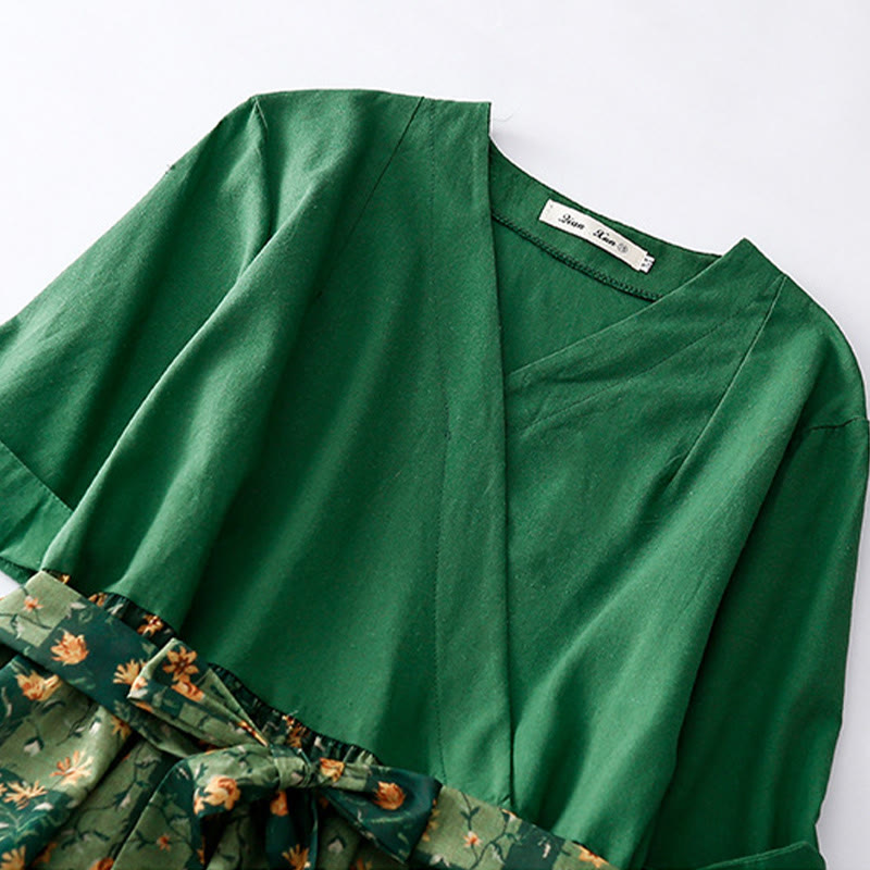 Vestido midi de lino y algodón con cuello en V, media manga y bolsillos, estampado de flores de primavera y Buddha Stones - image 5