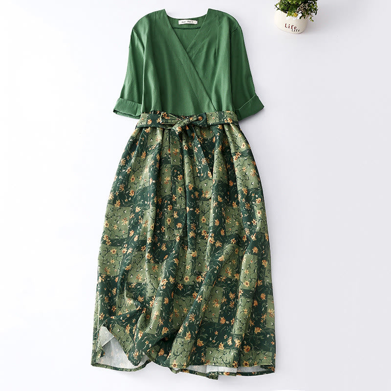 Vestido midi de lino y algodón con cuello en V, media manga y bolsillos, estampado de flores de primavera y Buddha Stones - image 2