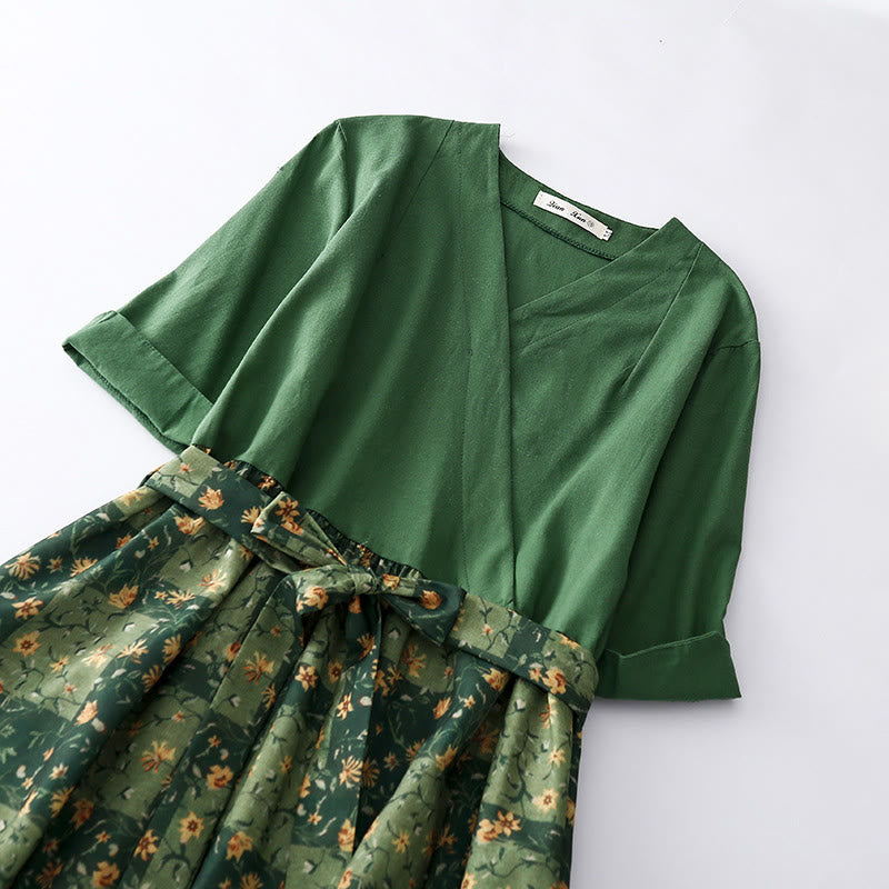 Vestido midi de lino y algodón con cuello en V, media manga y bolsillos, estampado de flores de primavera y Buddha Stones - image 3