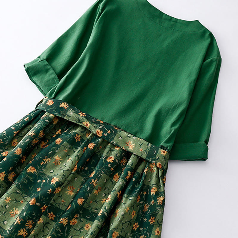 Vestido midi de lino y algodón con cuello en V, media manga y bolsillos, estampado de flores de primavera y Buddha Stones - image 4