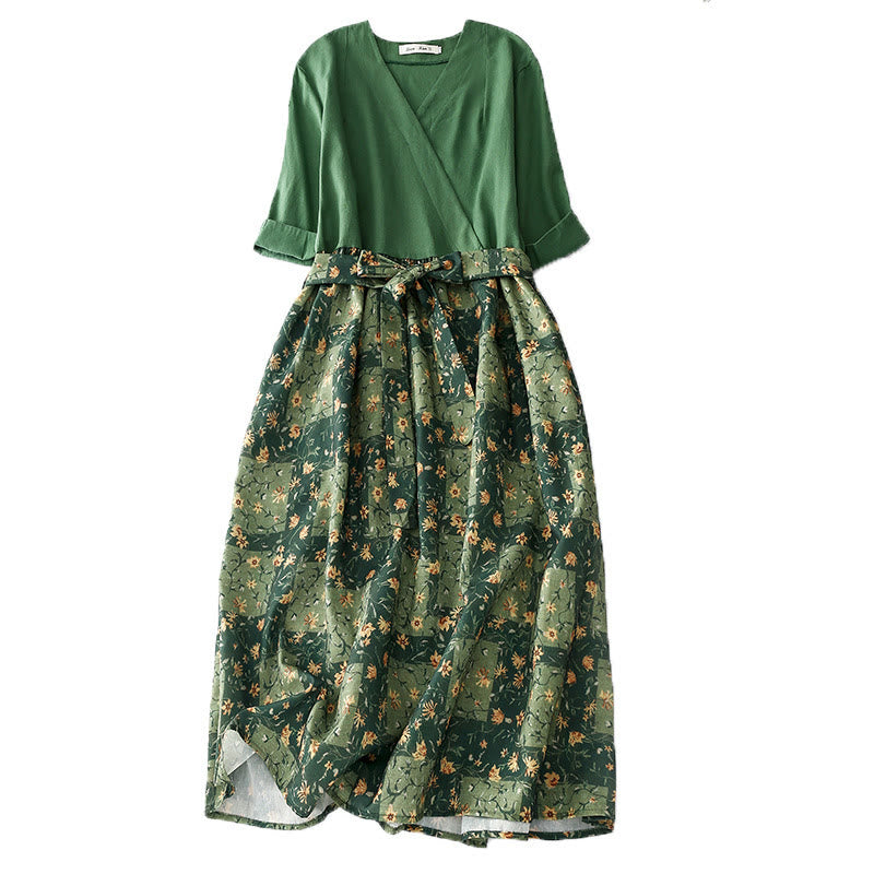 Vestido midi de lino y algodón con cuello en V, media manga y bolsillos, estampado de flores de primavera y Buddha Stones - Verde - US8-10，UK/AU12-14，EU40-42 (2XL) - image 1