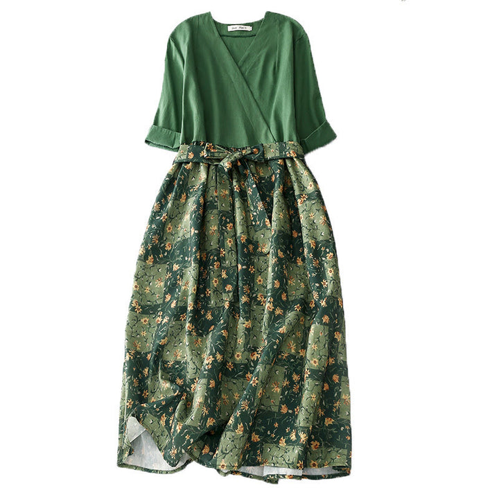 Vestido midi de lino y algodón con cuello en V, media manga y bolsillos, estampado de flores de primavera y Buddha Stones - Verde - US8-10，UK/AU12-14，EU40-42 (2XL) - image 1
