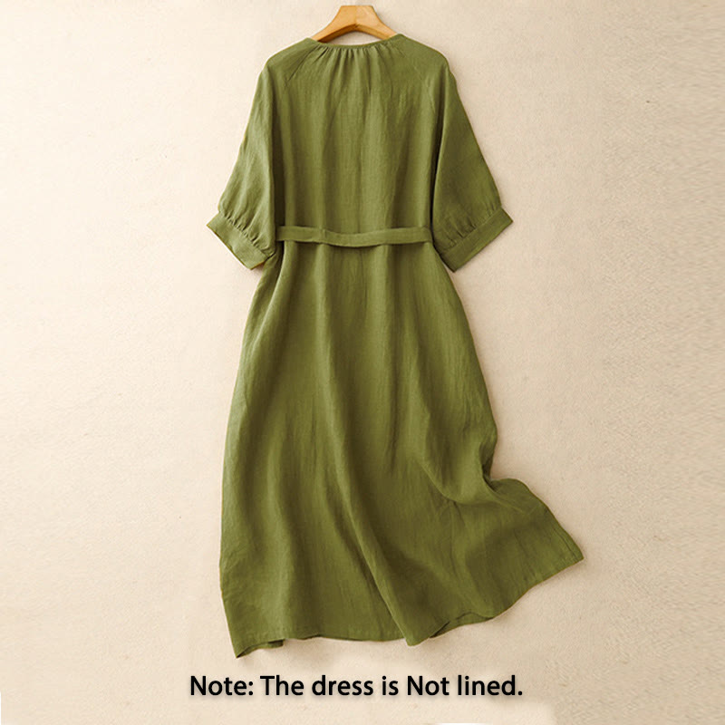 Vestido midi de lino y algodón con cuello redondo, mangas cortas y cordones, de Buddha Stones Spring - image 1