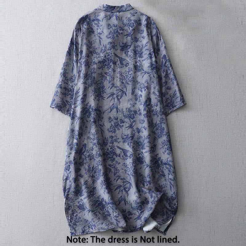 Vestido midi de algodón con cuello mandarín, media manga y botones de rana con estampado de hojas y flores de Buddha Stones - image 2