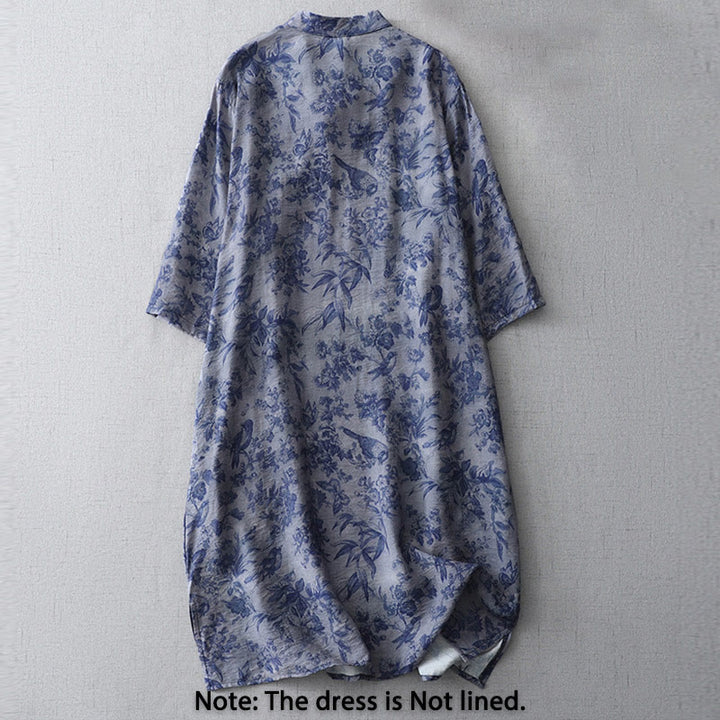 Vestido midi de algodón con cuello mandarín, media manga y botones de rana con estampado de hojas y flores de Buddha Stones - image 2