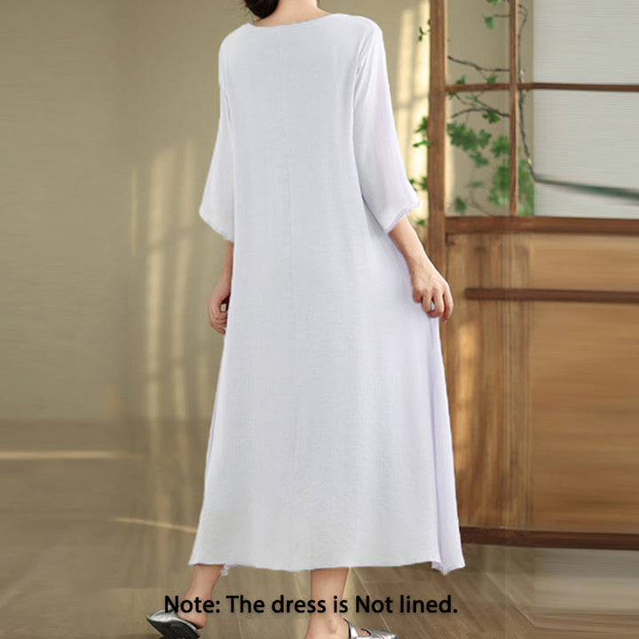 Vestido midi informal de algodón con cuello redondo, manga tres cuartos y botones de rana de Buddha Stones - image 16