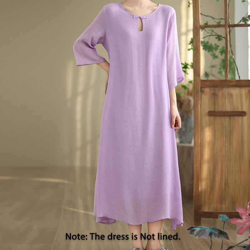 Vestido midi informal de algodón con cuello redondo, manga tres cuartos y botones de rana de Buddha Stones - image 2