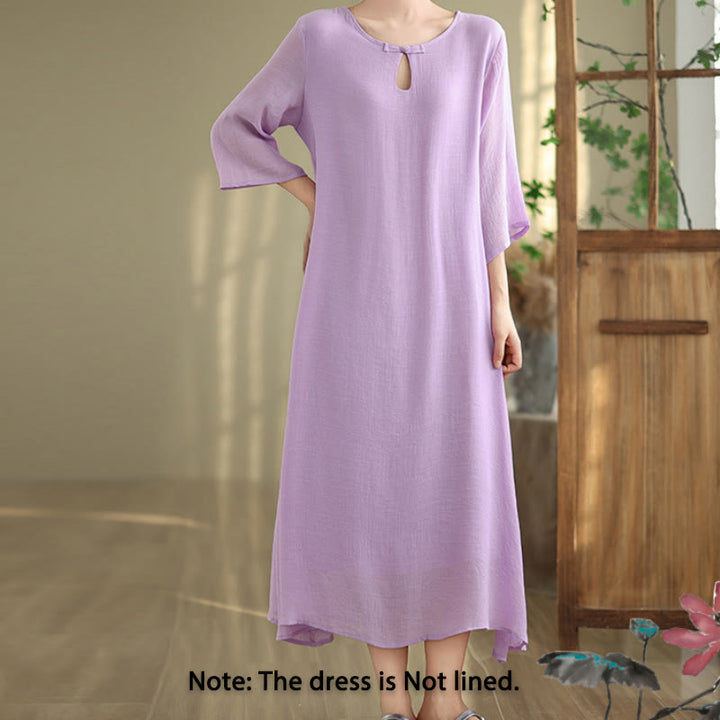 Vestido midi informal de algodón con cuello redondo, manga tres cuartos y botones de rana de Buddha Stones - image 2