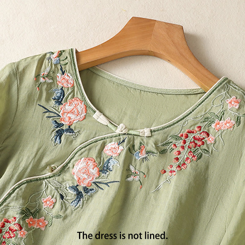 Vestido midi zen de algodón y lino con media manga y dobladillo con abertura y bordado de Buddha Stones - image 1