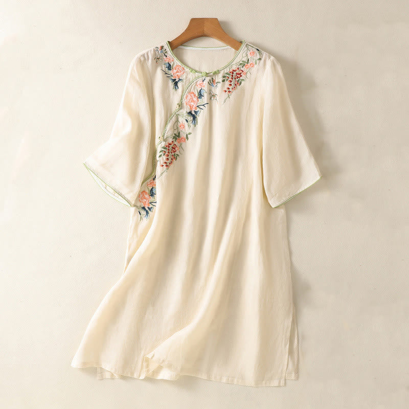 Vestido midi zen de algodón y lino con media manga y dobladillo con abertura y bordado de Buddha Stones - Beige - US8-10，UK/AU12-14，EU40-42 (2XL) - image 6