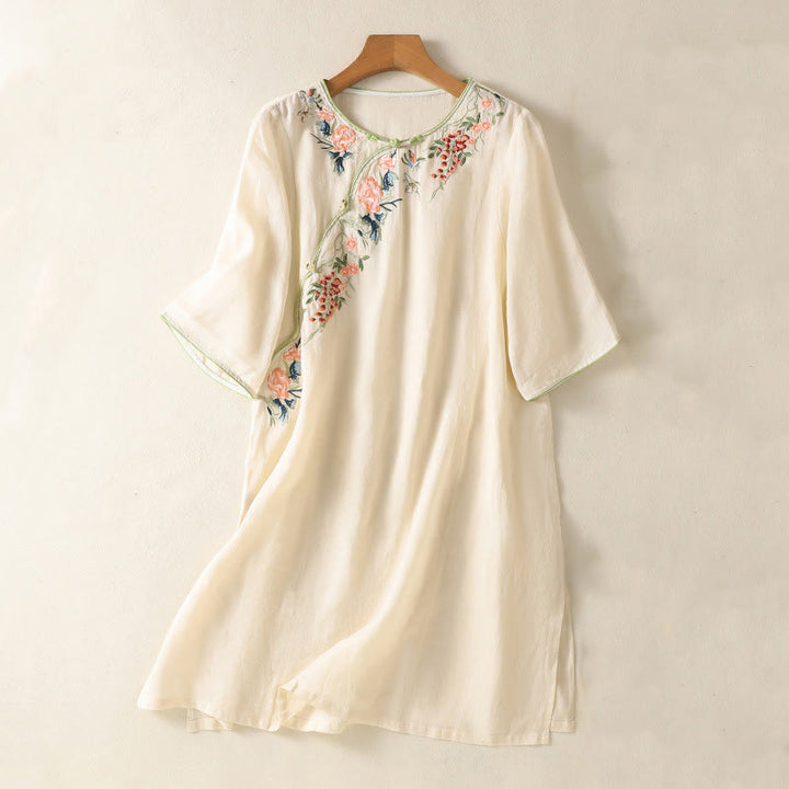 Vestido midi zen de algodón y lino con media manga y dobladillo con abertura y bordado de Buddha Stones - Beige - US8-10，UK/AU12-14，EU40-42 (2XL) - image 6