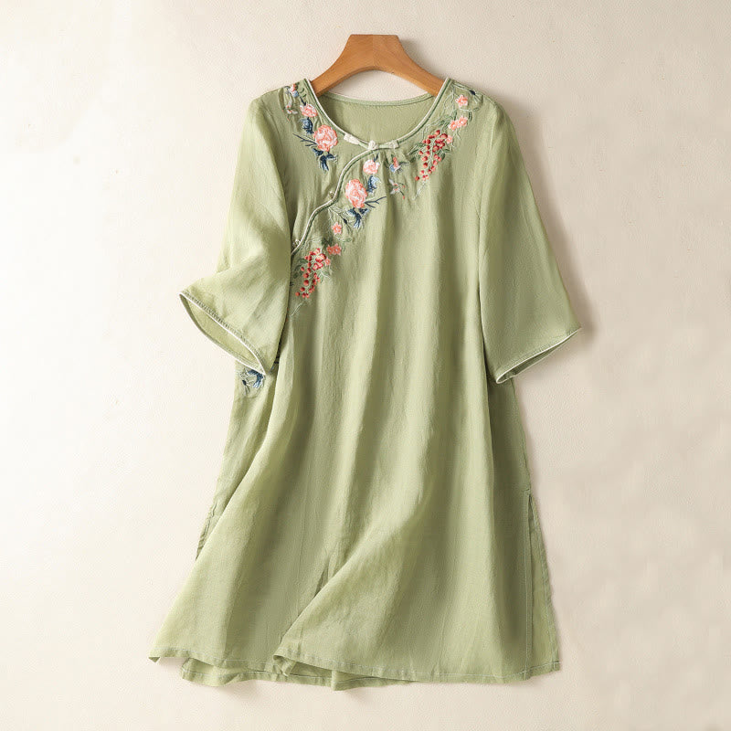 Vestido midi zen de algodón y lino con media manga y dobladillo con abertura y bordado de Buddha Stones - Verde claro - US8-10，UK/AU12-14，EU40-42 (2XL) - image 0