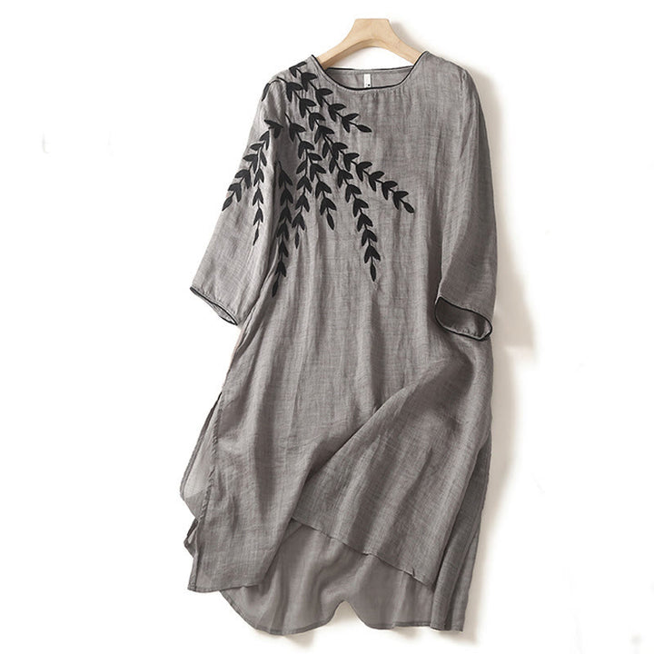 Vestido midi informal de lino y algodón con mangas tres cuartos y bordado de Buddha Stones - Gris oscuro - US8-10，UK/AU12-14，EU40-42 (2XL) - image 12