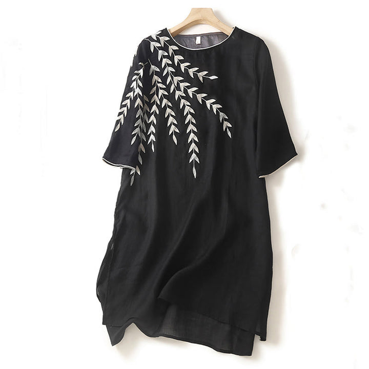 Vestido midi informal de lino y algodón con mangas tres cuartos y bordado de Buddha Stones - Negro - US8-10，UK/AU12-14，EU40-42 (2XL) - image 0