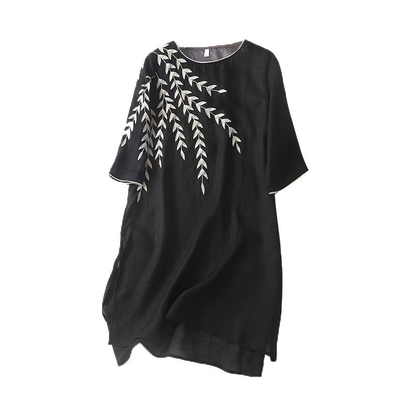 Vestido midi informal de lino y algodón con mangas tres cuartos y bordado de Buddha Stones - image 11