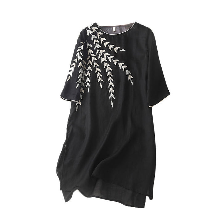 Vestido midi informal de lino y algodón con mangas tres cuartos y bordado de Buddha Stones - image 11