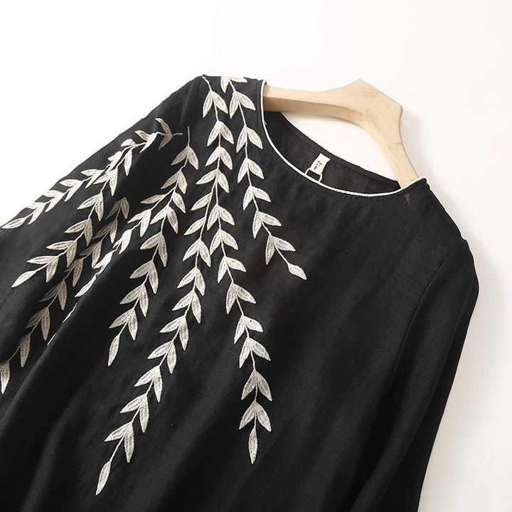 Vestido midi informal de lino y algodón con mangas tres cuartos y bordado de Buddha Stones - image 2