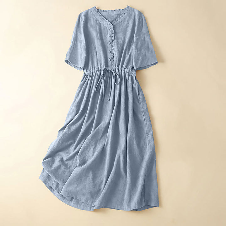 Vestido midi de lino y algodón con diseño plisado de jacquard y cordón de verano con Buddha Stones y bolsillos - Azul acero claro - US14，UK/AU18，EU46 (2XL) - image 18