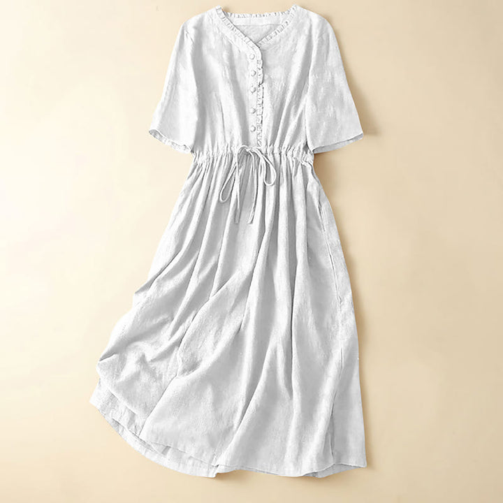 Vestido midi de lino y algodón con diseño plisado de jacquard y cordón de verano con Buddha Stones y bolsillos - Blanco - US14，UK/AU18，EU46 (2XL) - image 6