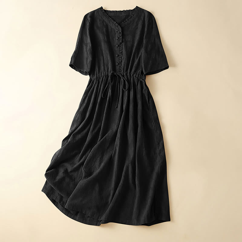 Vestido midi de lino y algodón con diseño plisado de jacquard y cordón de verano con Buddha Stones y bolsillos - Negro - US14，UK/AU18，EU46 (2XL) - image 15