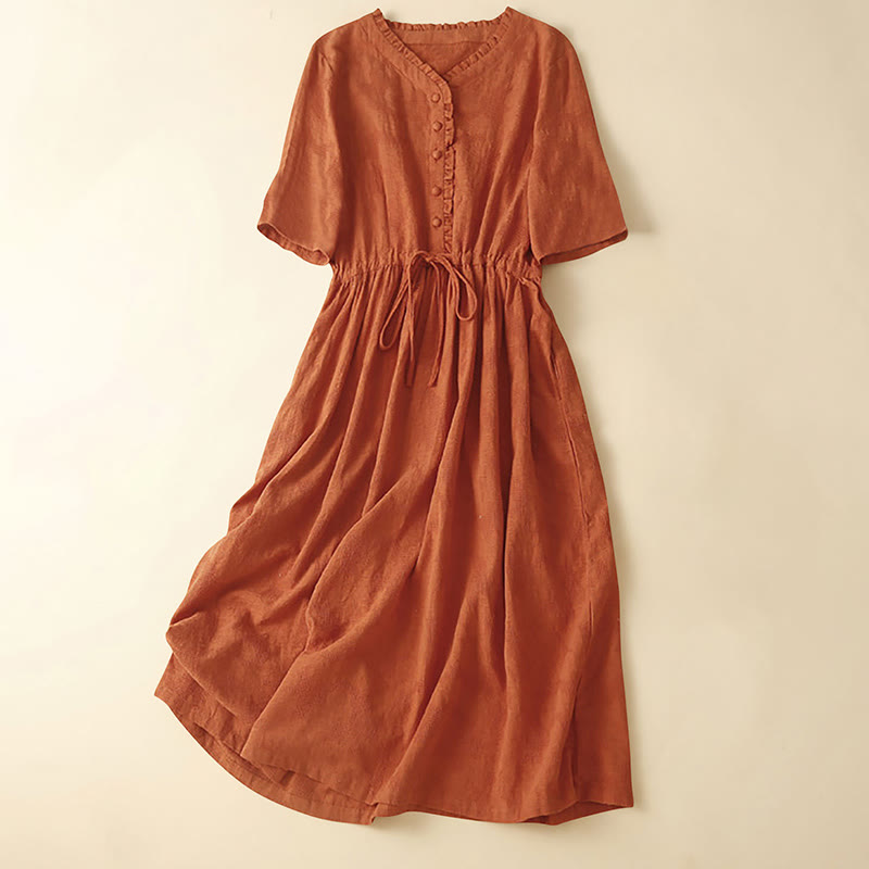 Vestido midi de lino y algodón con diseño plisado de jacquard y cordón de verano con Buddha Stones y bolsillos - Naranja oscuro - US14，UK/AU18，EU46 (2XL) - image 0