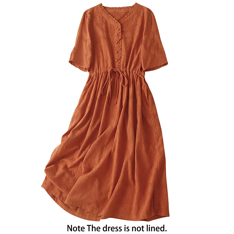 Vestido midi de lino y algodón con diseño plisado de jacquard y cordón de verano con Buddha Stones y bolsillos - image 1