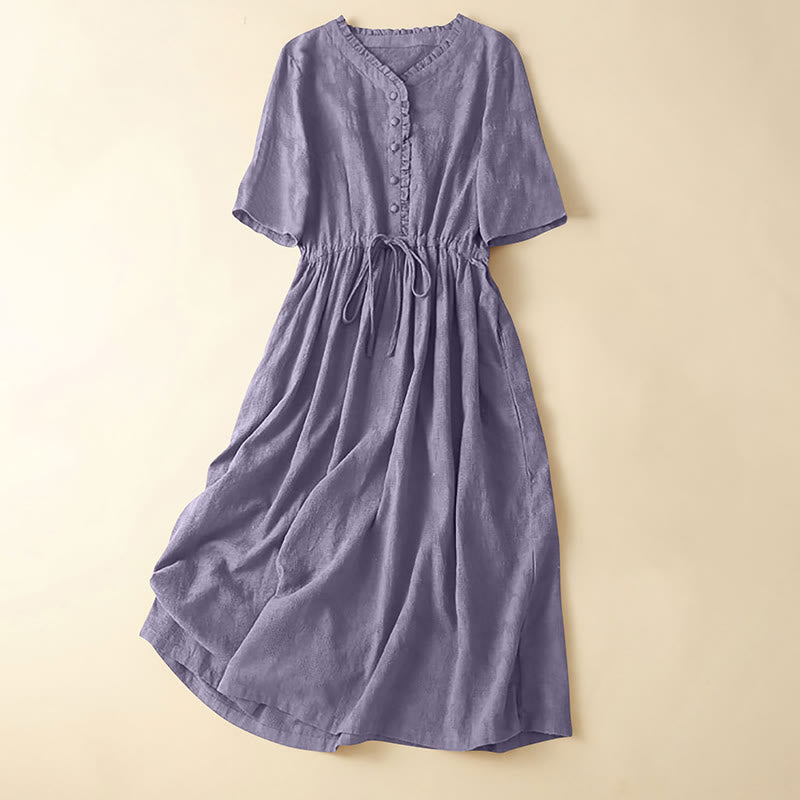 Vestido midi de lino y algodón con diseño plisado de jacquard y cordón de verano con Buddha Stones y bolsillos - Orquídea mediana - US14，UK/AU18，EU46 (2XL) - image 9