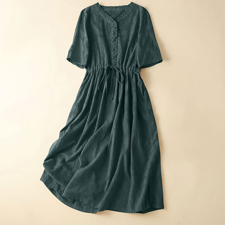 Vestido midi de lino y algodón con diseño plisado de jacquard y cordón de verano con Buddha Stones y bolsillos - Verde oscuro - US14，UK/AU18，EU46 (2XL) - image 3
