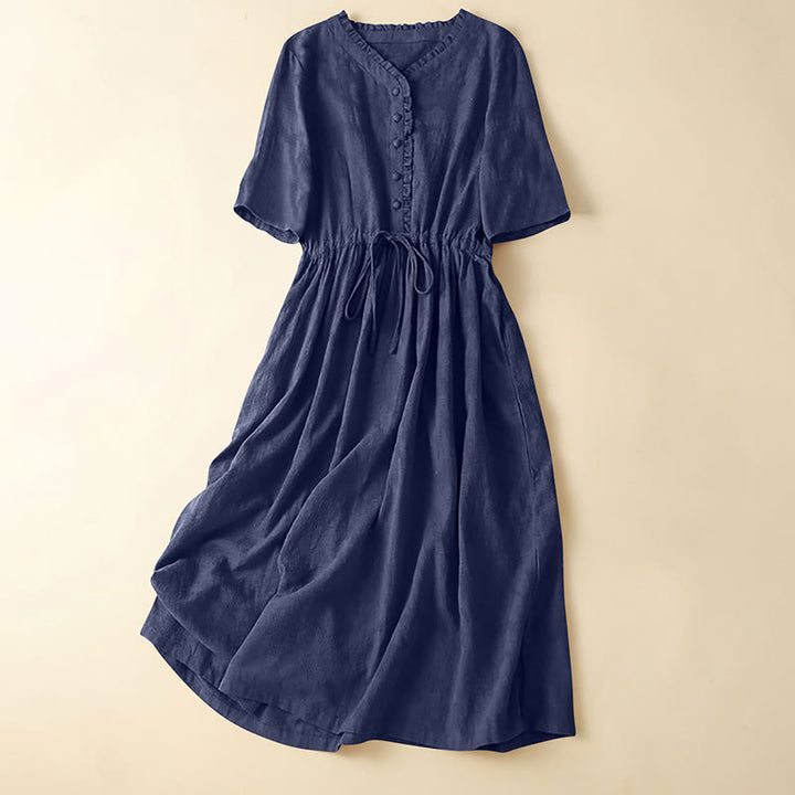 Vestido midi de lino y algodón con diseño plisado de jacquard y cordón de verano con Buddha Stones y bolsillos - Índigo - US14，UK/AU18，EU46 (2XL) - image 12