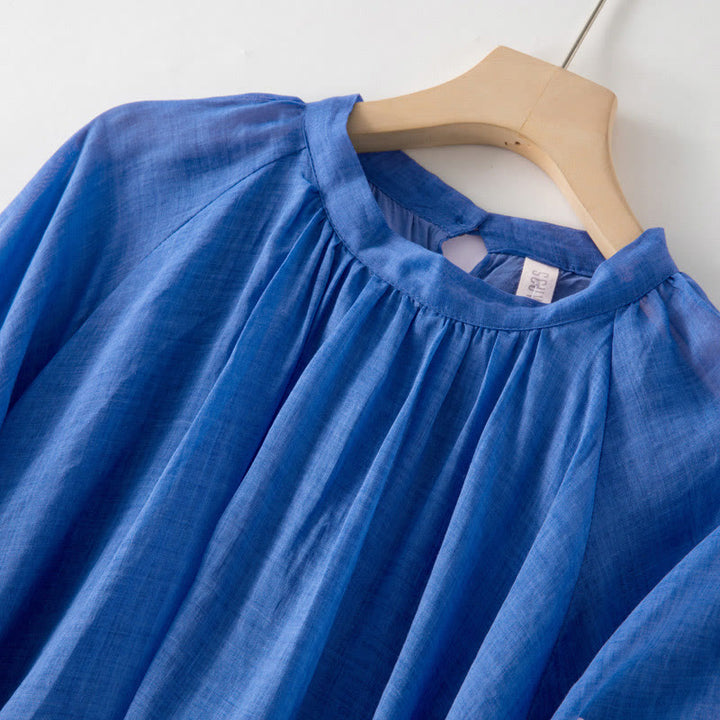 Vestido midi de lino y algodón con mangas abullonadas de tres cuartos y cordón ajustable, con estampado Buddha Stones y bolsillos - image 3