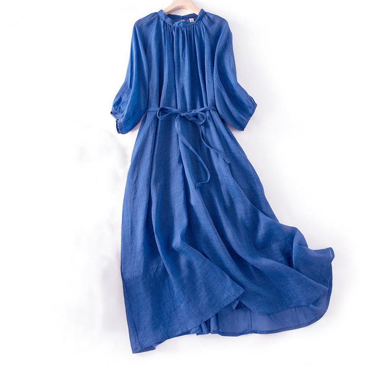Vestido midi de lino y algodón con mangas abullonadas de tres cuartos y cordón ajustable, con estampado Buddha Stones y bolsillos - Azul - US12，UK/AU16，EU44 (XL) - image 0