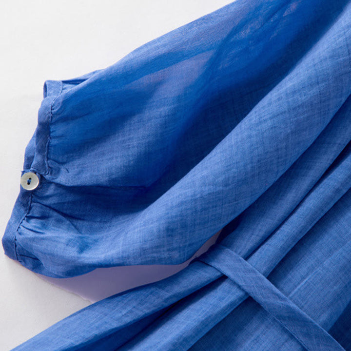 Vestido midi de lino y algodón con mangas abullonadas de tres cuartos y cordón ajustable, con estampado Buddha Stones y bolsillos - image 8