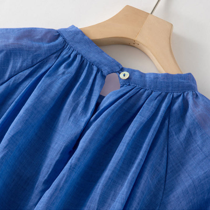 Vestido midi de lino y algodón con mangas abullonadas de tres cuartos y cordón ajustable, con estampado Buddha Stones y bolsillos - image 5