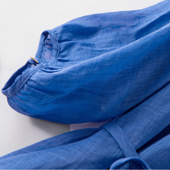 Vestido midi de lino y algodón con mangas abullonadas de tres cuartos y cordón ajustable, con estampado Buddha Stones y bolsillos - image 7