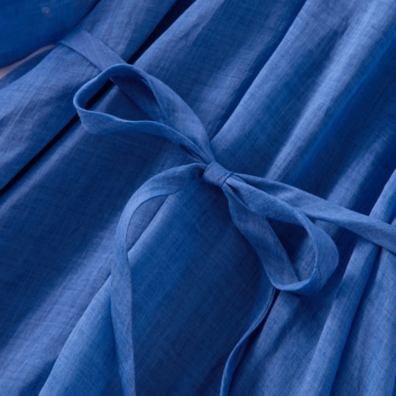 Vestido midi de lino y algodón con mangas abullonadas de tres cuartos y cordón ajustable, con estampado Buddha Stones y bolsillos - image 9