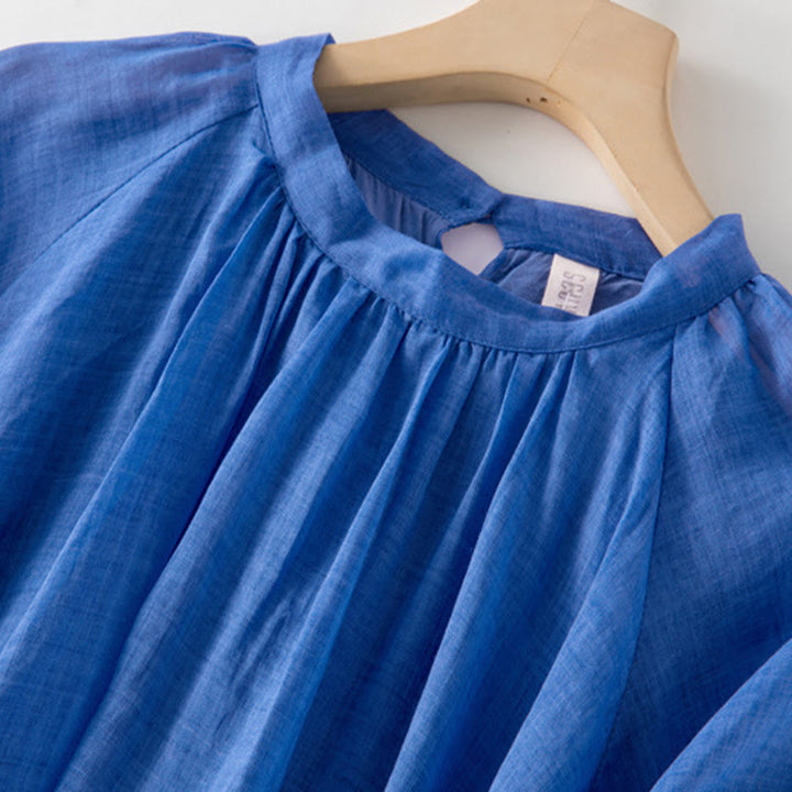 Vestido midi de lino y algodón con mangas abullonadas de tres cuartos y cordón ajustable, con estampado Buddha Stones y bolsillos - image 4