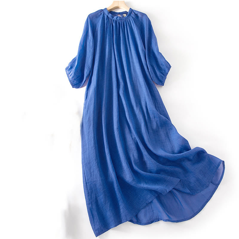 Vestido midi de lino y algodón con mangas abullonadas de tres cuartos y cordón ajustable, con estampado Buddha Stones y bolsillos - image 3
