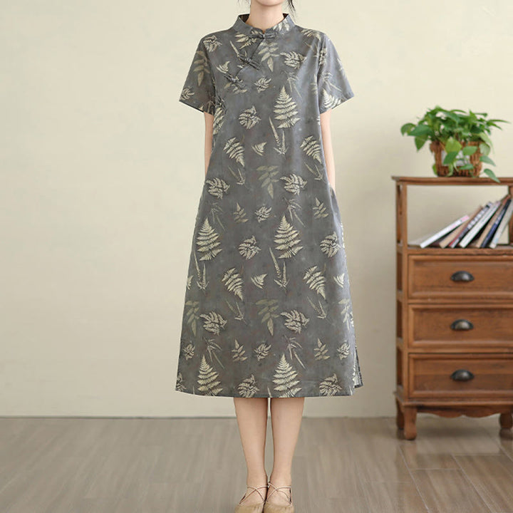 Vestido cheongsam midi de algodón con botones de rana, estilo chino, estilo retro, con Buddha Stones , en gris oscuro y bolsillos - image 3