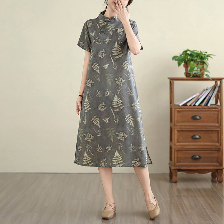 Vestido cheongsam midi de algodón con botones de rana, estilo chino, estilo retro, con Buddha Stones , en gris oscuro y bolsillos - image 4