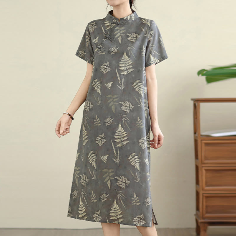 Vestido cheongsam midi de algodón con botones de rana, estilo chino, estilo retro, con Buddha Stones , en gris oscuro y bolsillos - image 6