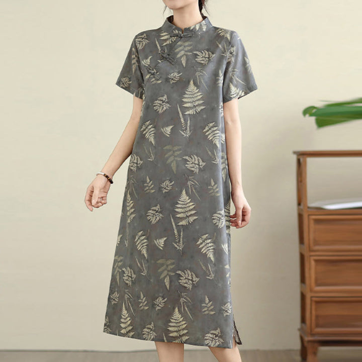 Vestido cheongsam midi de algodón con botones de rana, estilo chino, estilo retro, con Buddha Stones , en gris oscuro y bolsillos - image 6