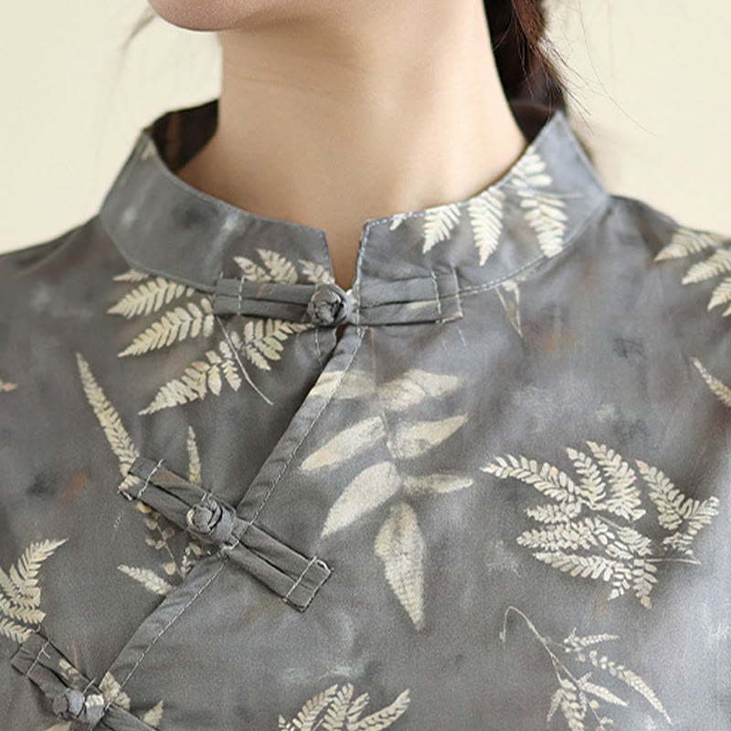 Vestido cheongsam midi de algodón con botones de rana, estilo chino, estilo retro, con Buddha Stones , en gris oscuro y bolsillos - image 8