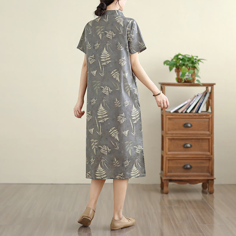 Vestido cheongsam midi de algodón con botones de rana, estilo chino, estilo retro, con Buddha Stones , en gris oscuro y bolsillos - image 5