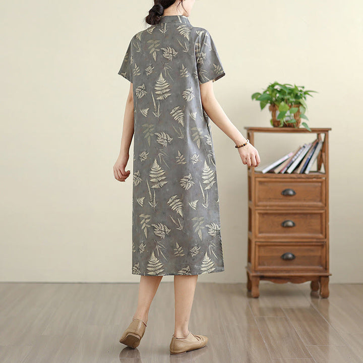 Vestido cheongsam midi de algodón con botones de rana, estilo chino, estilo retro, con Buddha Stones , en gris oscuro y bolsillos - image 5