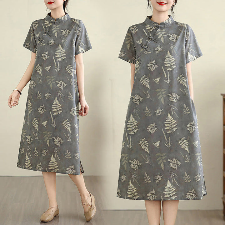 Vestido cheongsam midi de algodón con botones de rana, estilo chino, estilo retro, con Buddha Stones , en gris oscuro y bolsillos - image 7