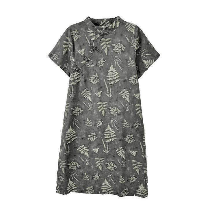 Vestido cheongsam midi de algodón con botones de rana, estilo chino, estilo retro, con Buddha Stones , en gris oscuro y bolsillos - image 13