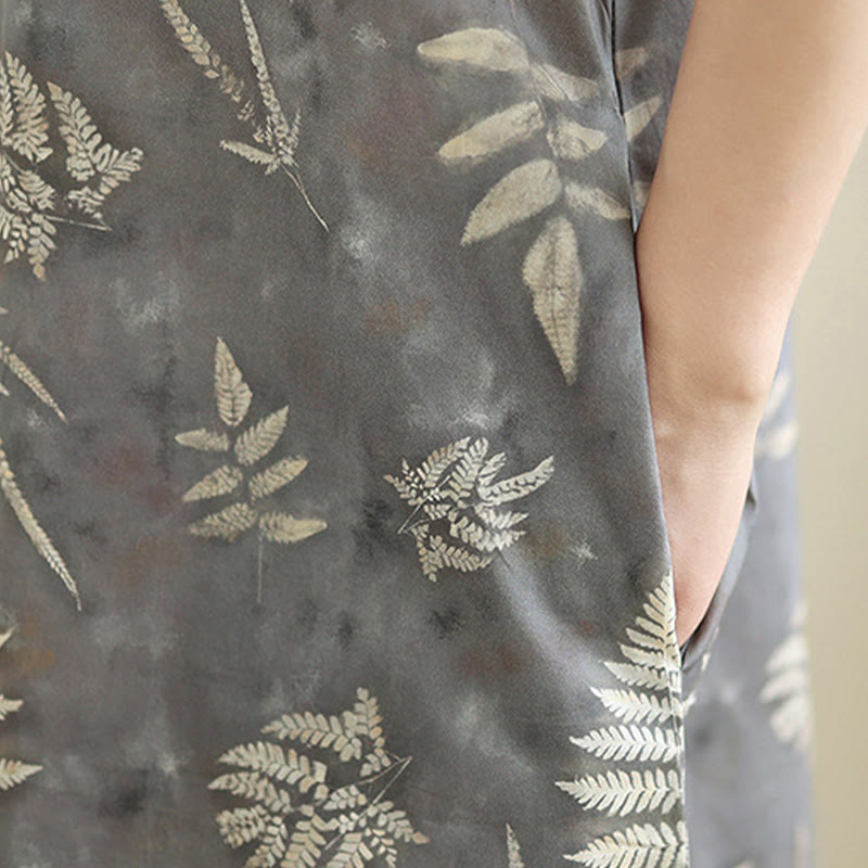 Vestido cheongsam midi de algodón con botones de rana, estilo chino, estilo retro, con Buddha Stones , en gris oscuro y bolsillos - image 10