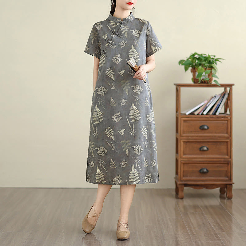 Vestido cheongsam midi de algodón con botones de rana, estilo chino, estilo retro, con Buddha Stones , en gris oscuro y bolsillos - Gris oscuro - US8-10，UK/AU12-14，EU40-42 (2XL) - image 1