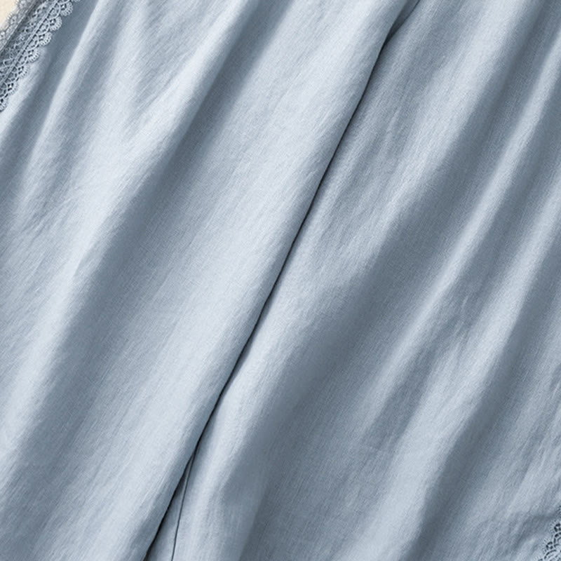 Pantalones anchos de lino y algodón con costuras de encaje de color liso para mujer con bolsillos y Buddha Stones - image 5