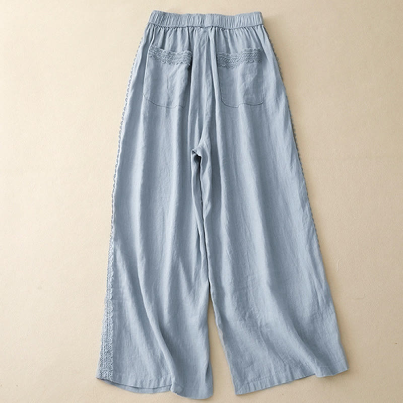 Pantalones anchos de lino y algodón con costuras de encaje de color liso para mujer con bolsillos y Buddha Stones - image 1
